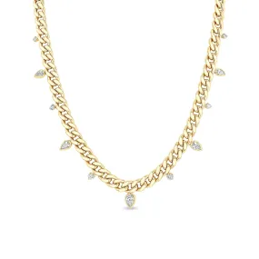 14k Alternating Pear & Round Diamond Large Curb Chain Necklace