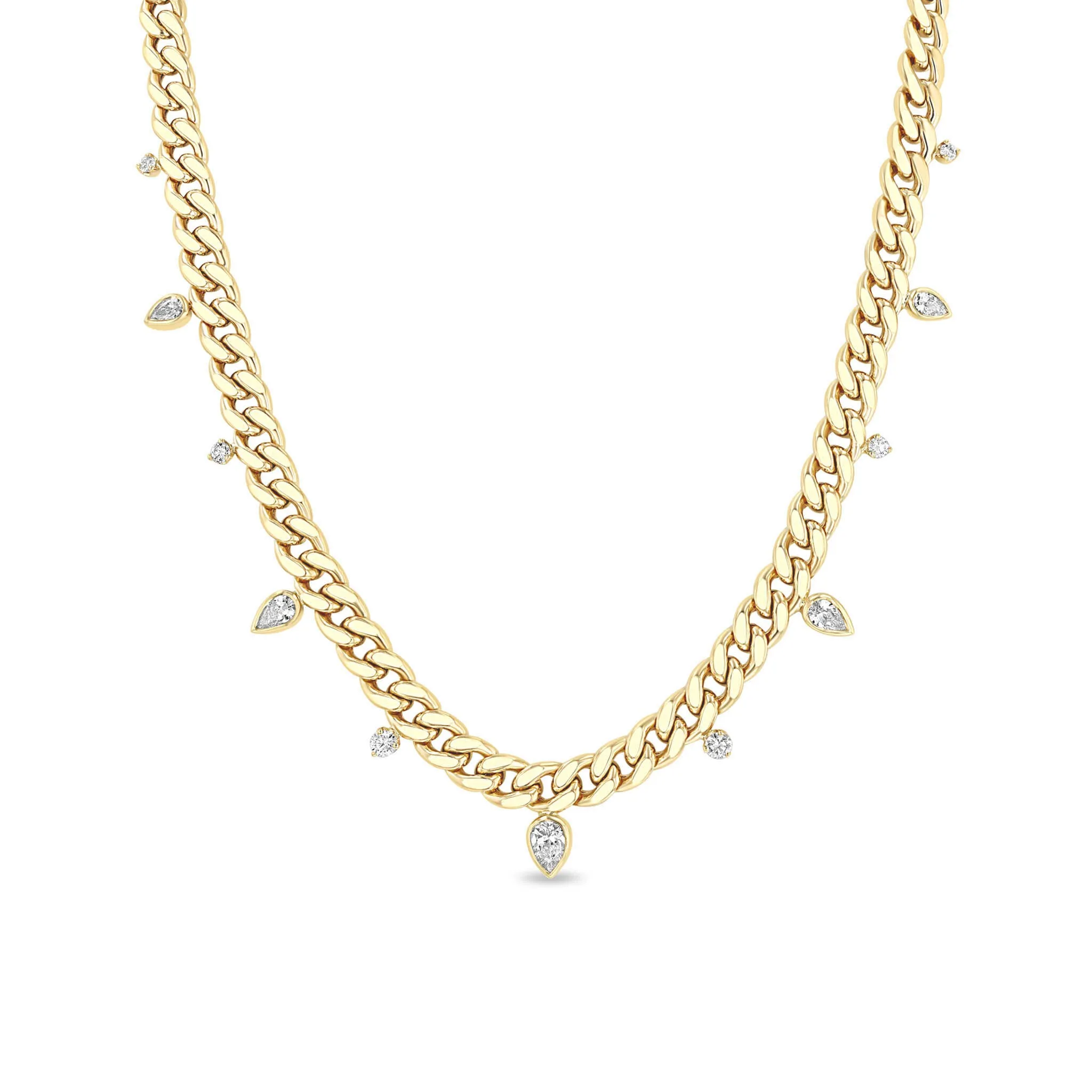 14k Alternating Pear & Round Diamond Large Curb Chain Necklace