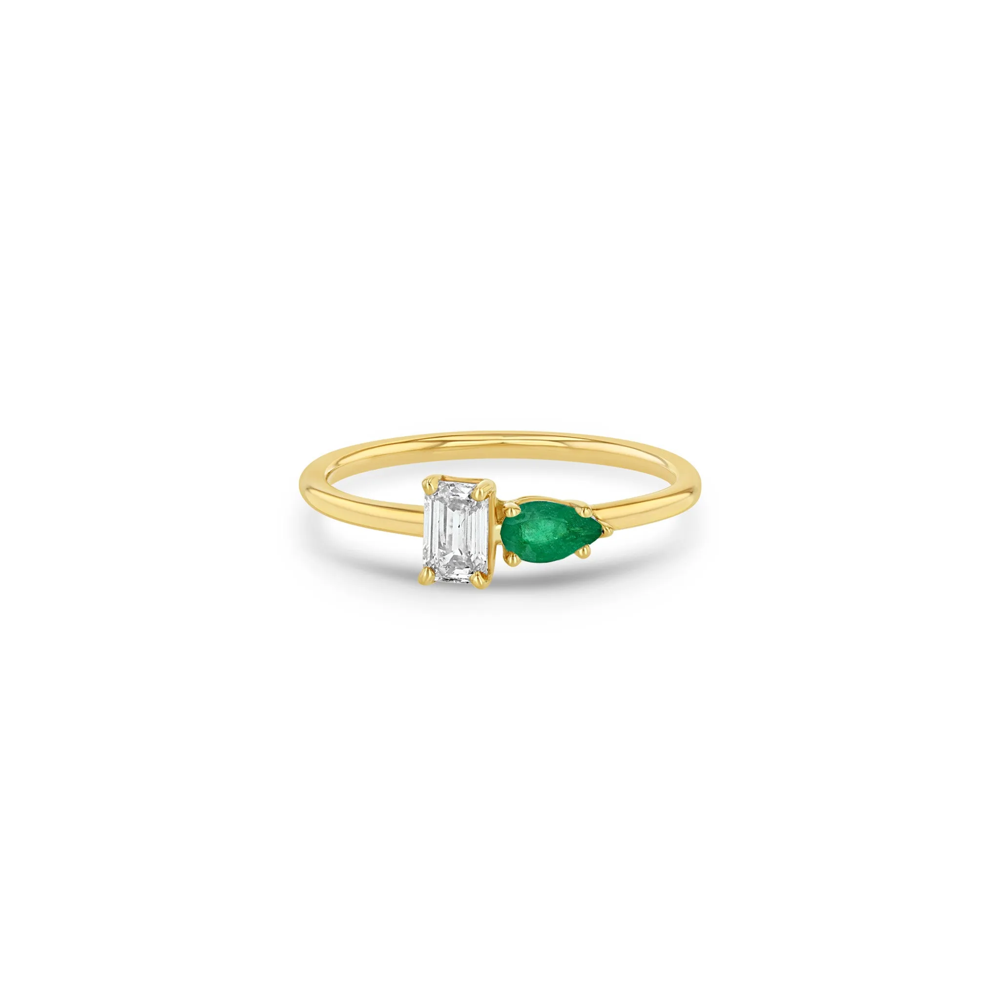 14k Pear Emerald & Emerald Cut Diamond Ring