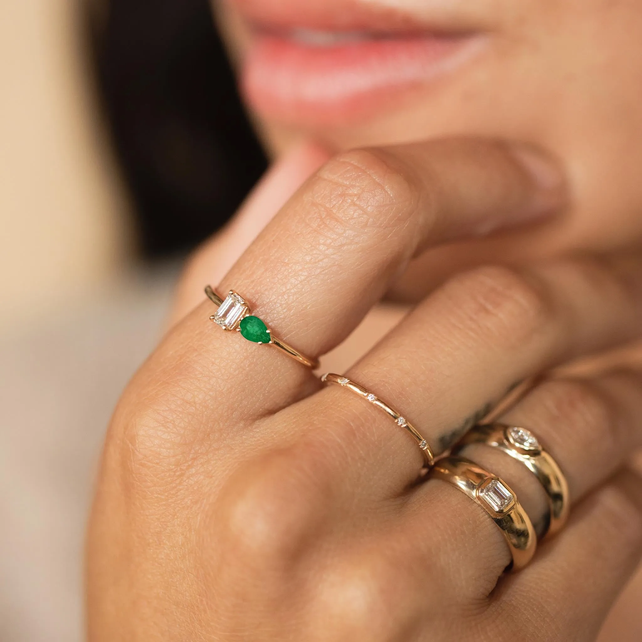 14k Pear Emerald & Emerald Cut Diamond Ring