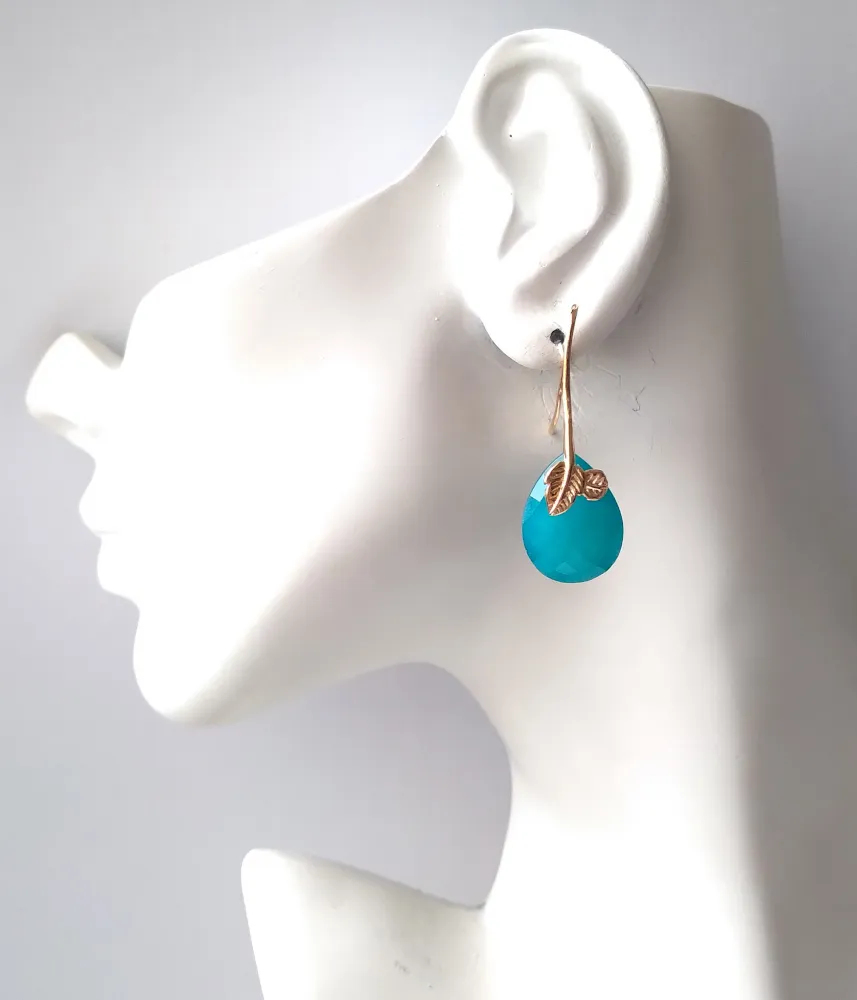 2 Leaf Teal Jade Single Gem Drop Earrings