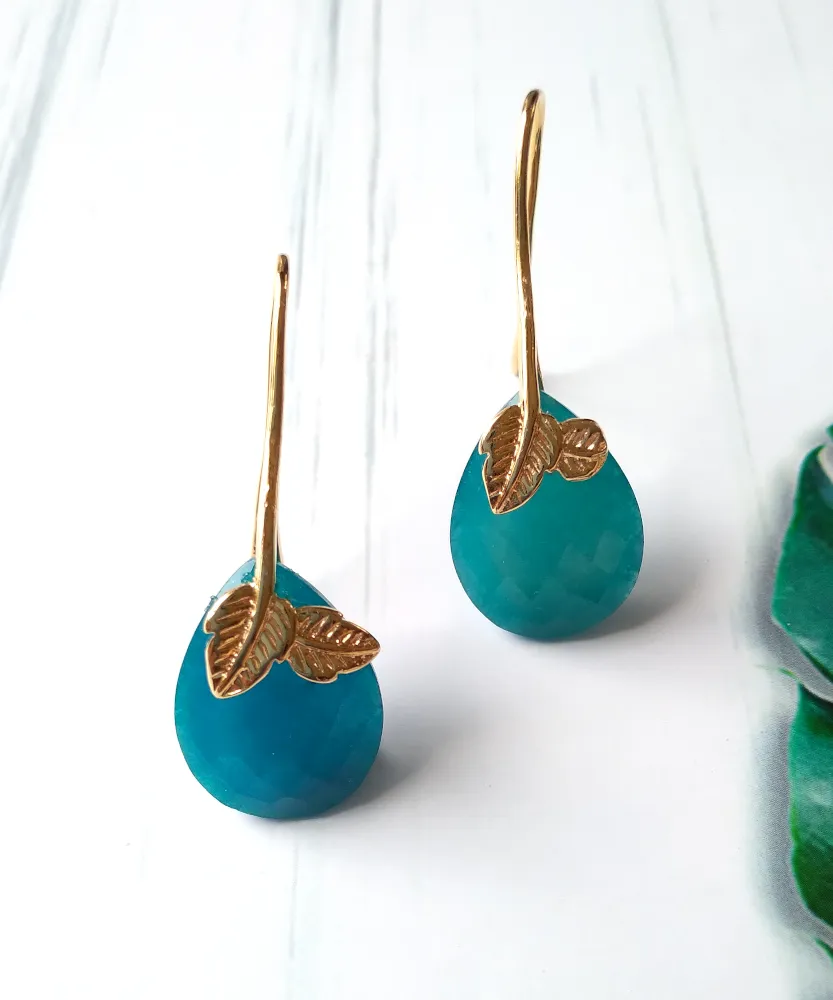 2 Leaf Teal Jade Single Gem Drop Earrings