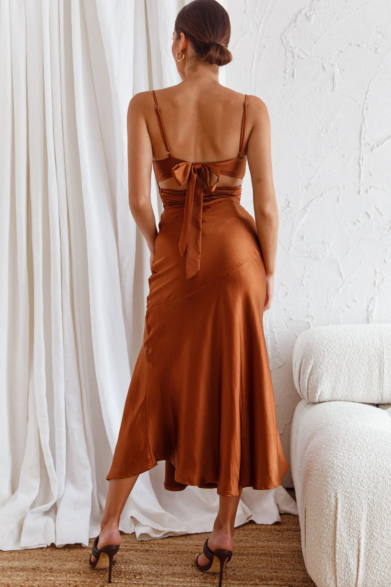 Abby Cami Strap Gathered Bust Front Split Midi Dress Chocolate