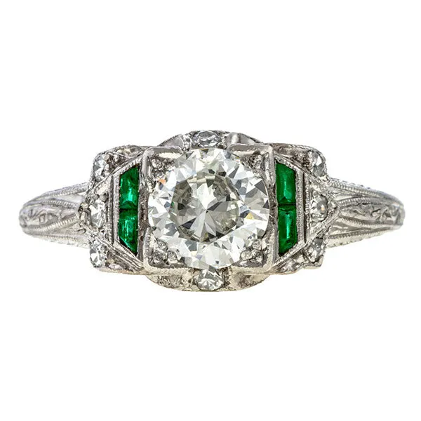 Art Deco Diamond & Emerald Engagement Ring