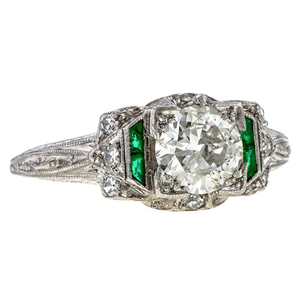 Art Deco Diamond & Emerald Engagement Ring