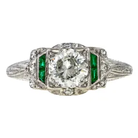 Art Deco Diamond & Emerald Engagement Ring