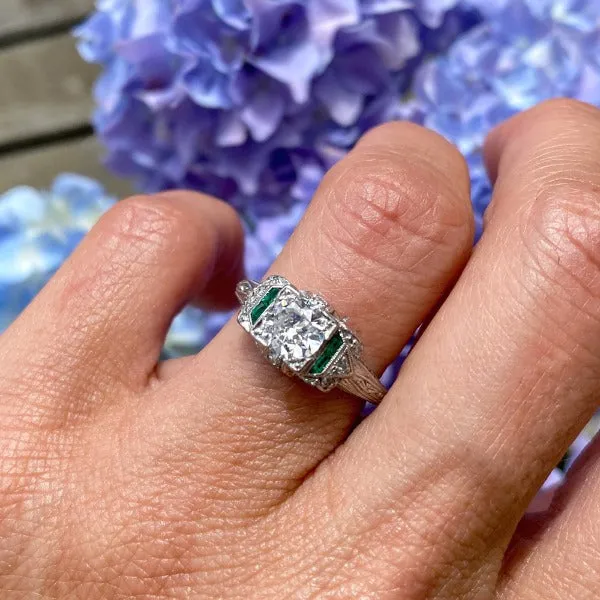 Art Deco Diamond & Emerald Engagement Ring