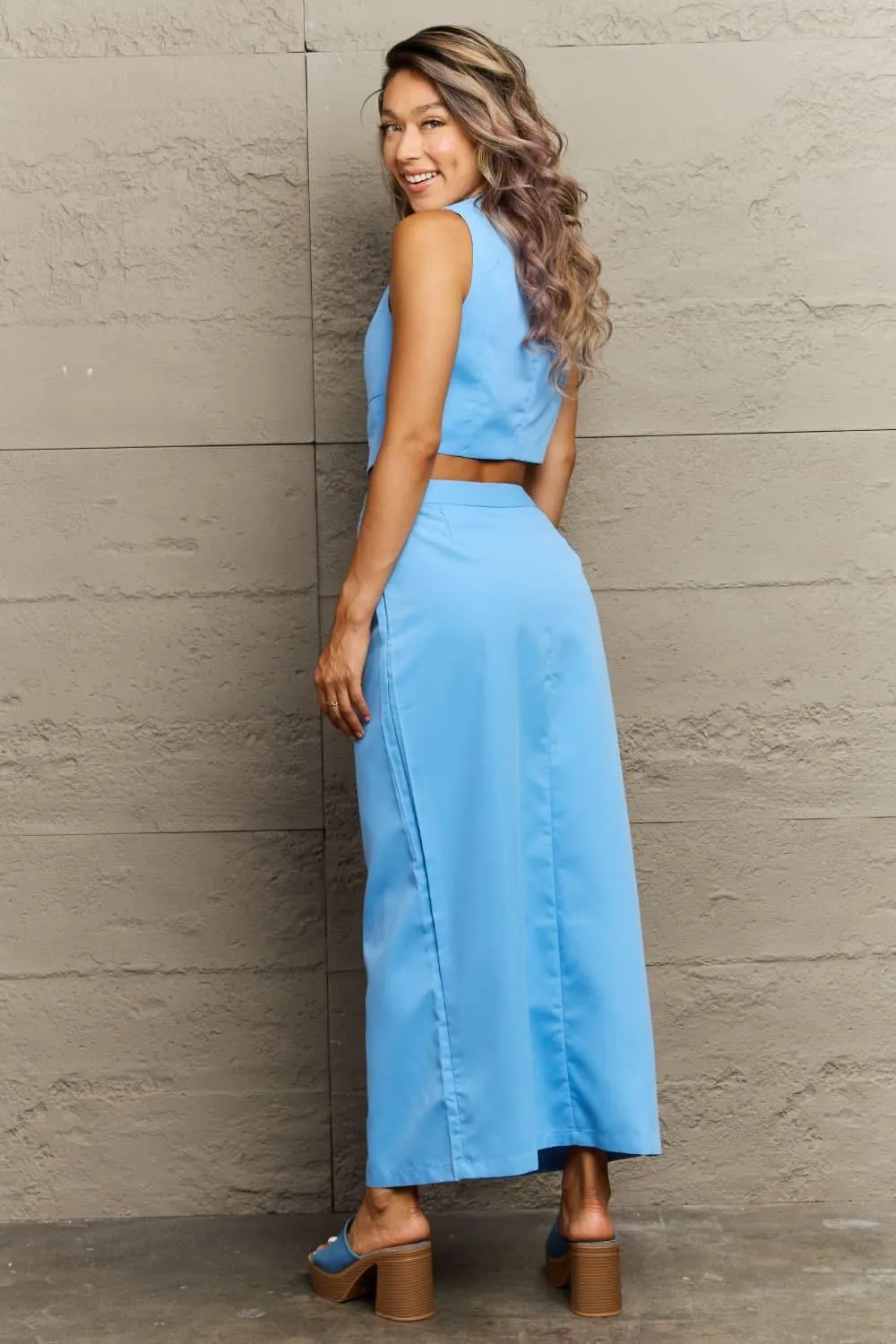 Azul V-Neck Vest and Slit Maxi Skirt Set