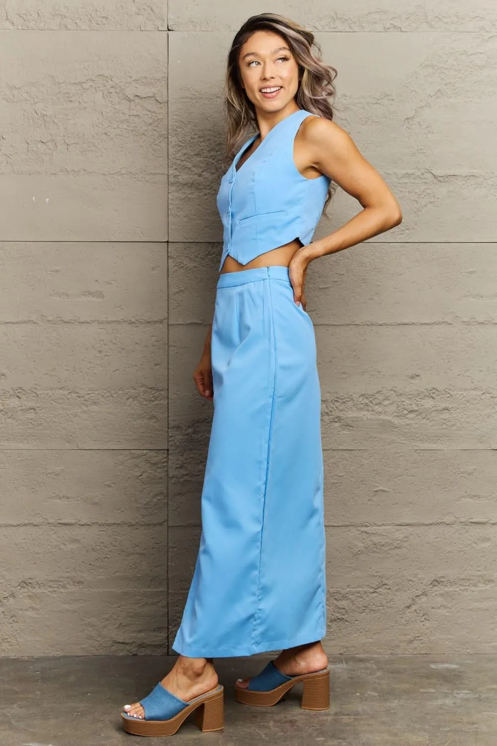 Azul V-Neck Vest and Slit Maxi Skirt Set