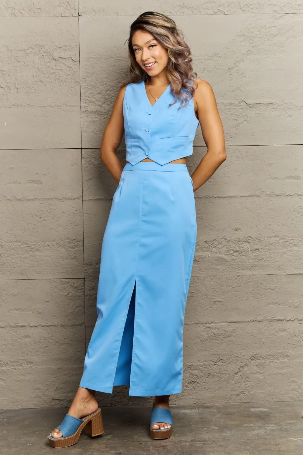 Azul V-Neck Vest and Slit Maxi Skirt Set