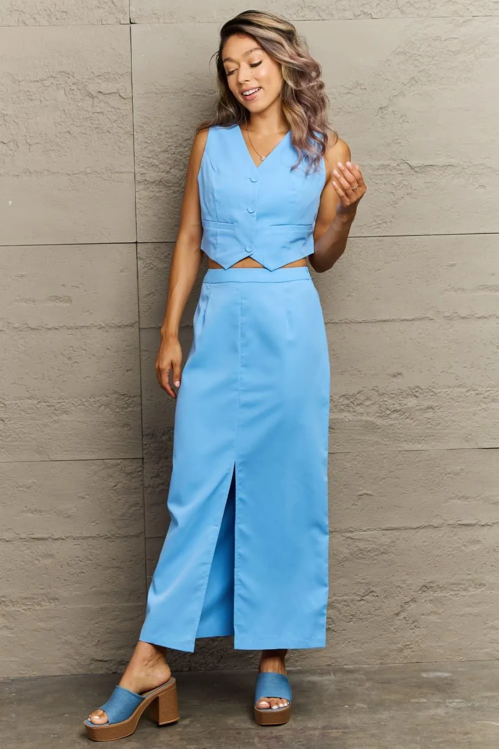 Azul V-Neck Vest and Slit Maxi Skirt Set