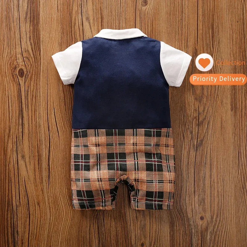 Baby Boys Gentleman Short Sleeve Plaid Jumpsuit