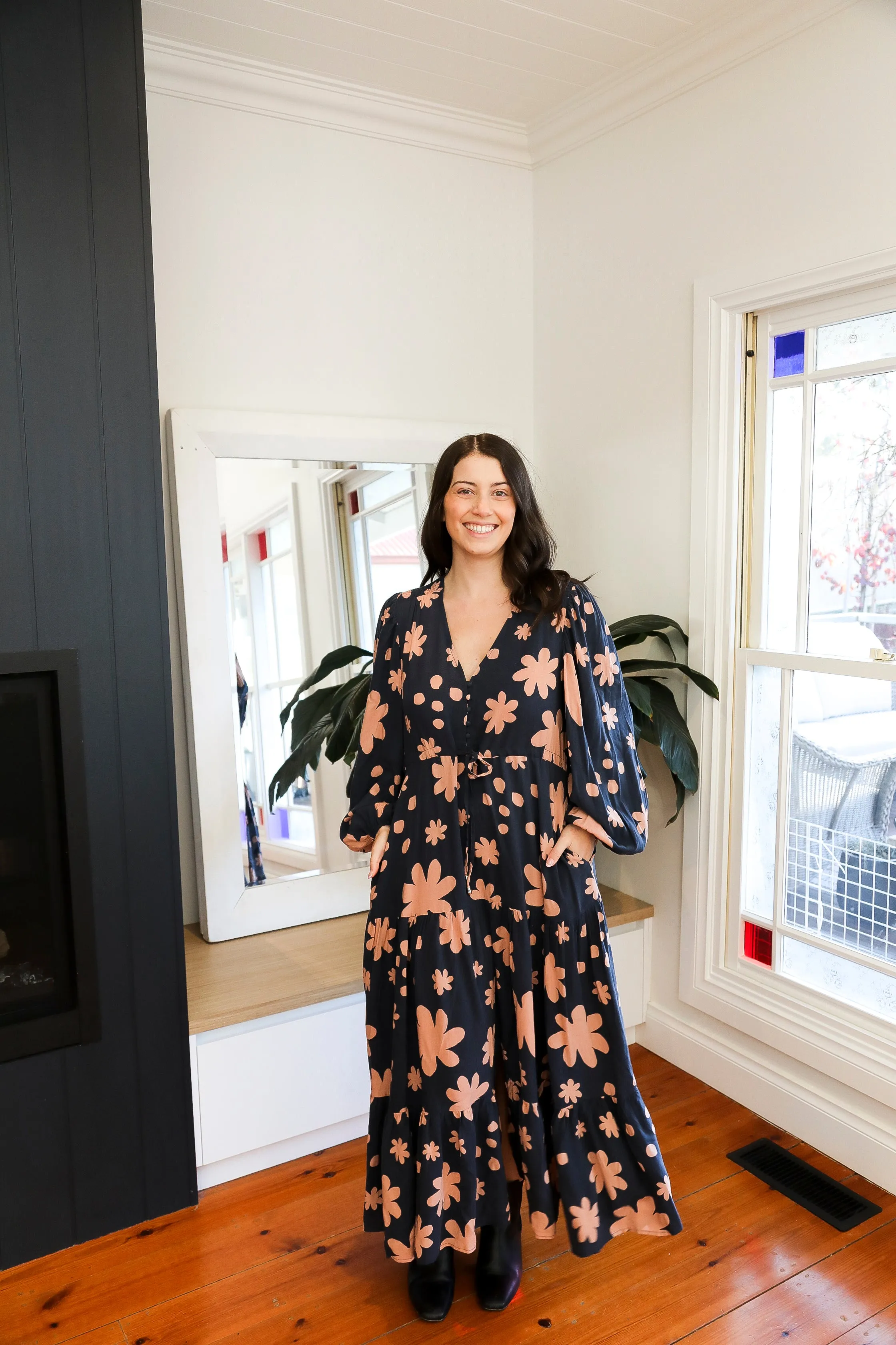 Becca Long Sleeve Dress (Steel Blue Florals)