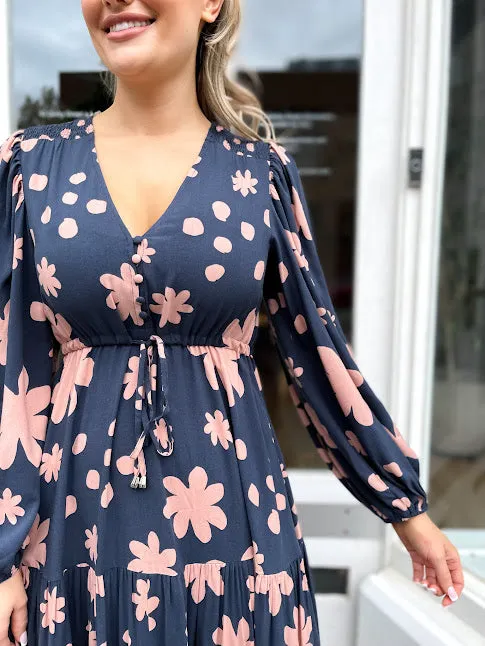 Becca Long Sleeve Dress (Steel Blue Florals)