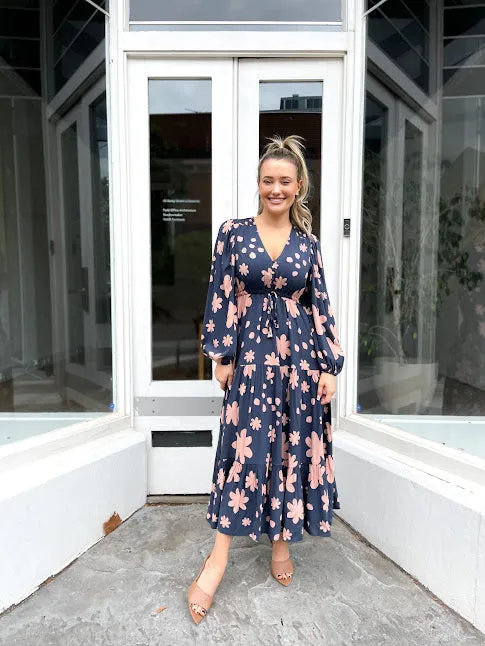 Becca Long Sleeve Dress (Steel Blue Florals)