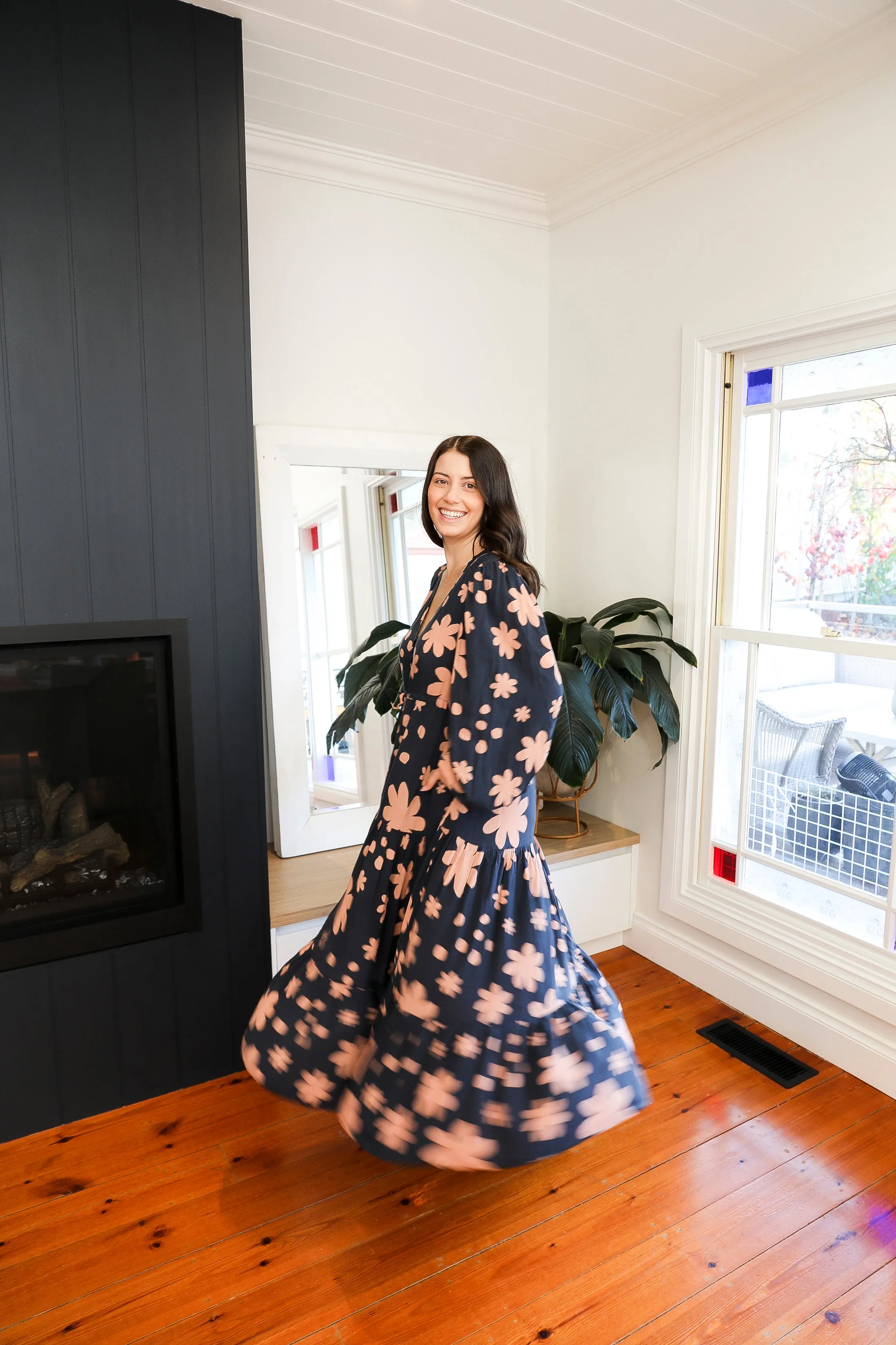 Becca Long Sleeve Dress (Steel Blue Florals)