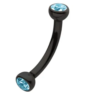 Black PVD Titanium Double Bezel Aqua CZ Internally Threaded Curved Barbell