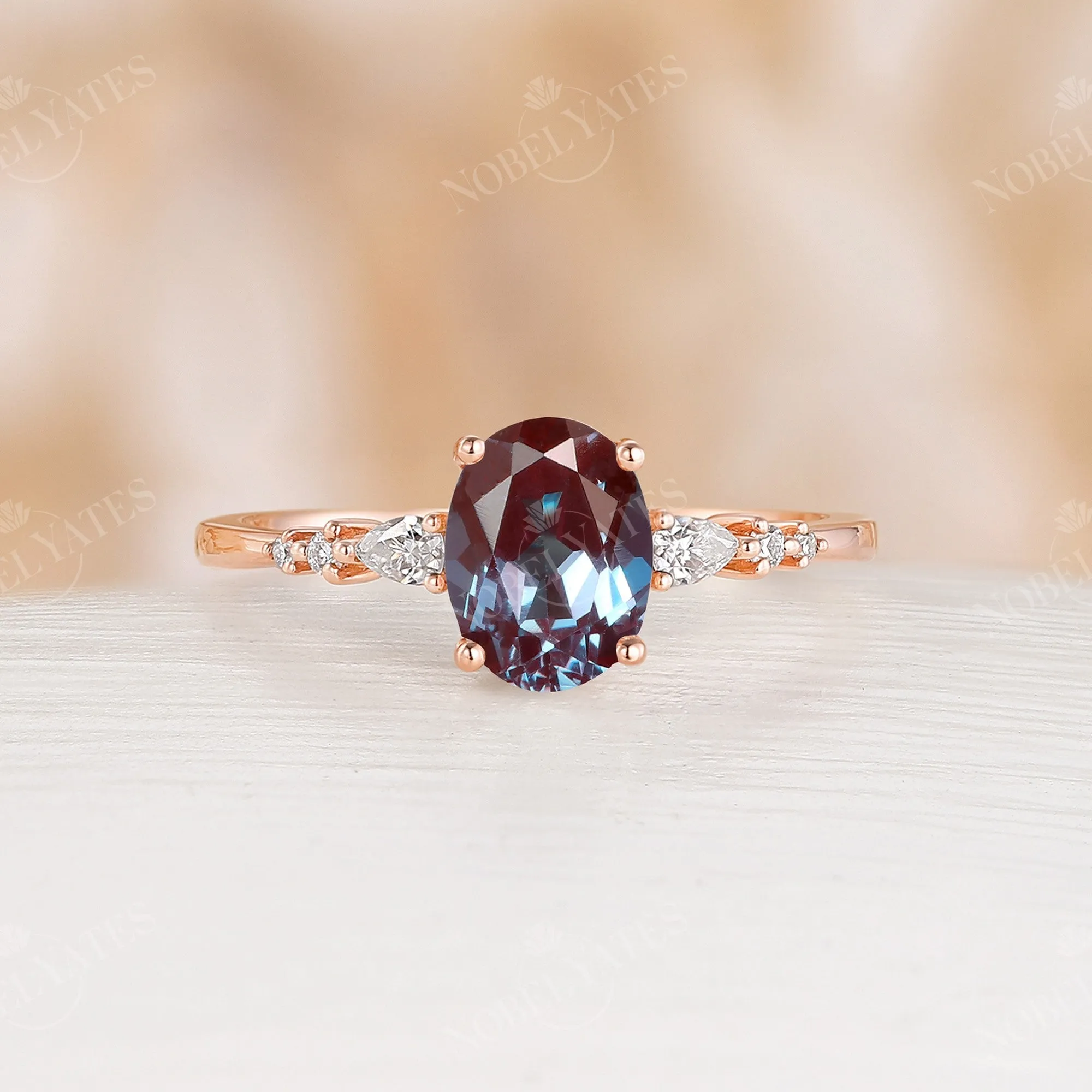 Classic Oval Lab Alexandrite Moissanite Side Stone Engagement Ring