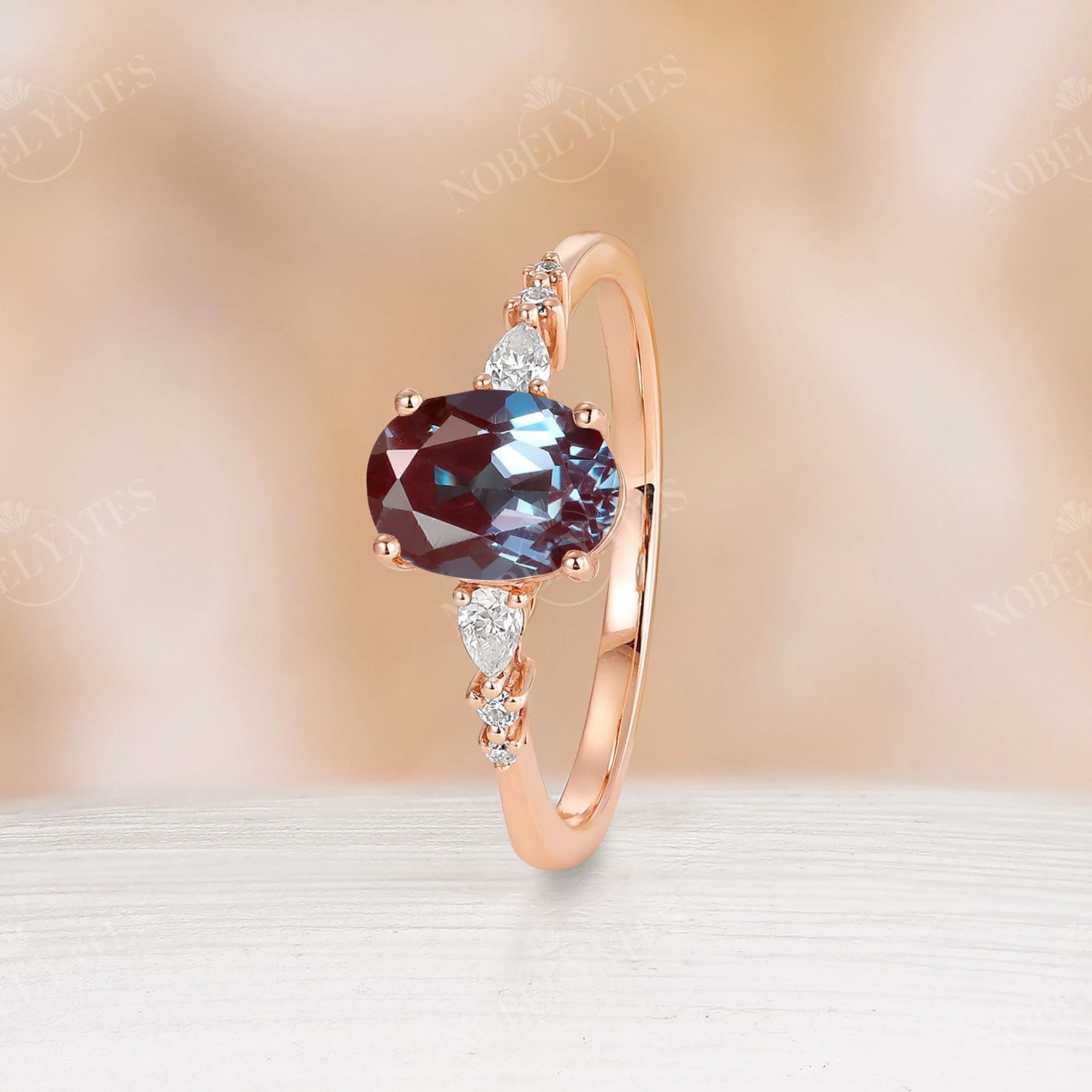 Classic Oval Lab Alexandrite Moissanite Side Stone Engagement Ring