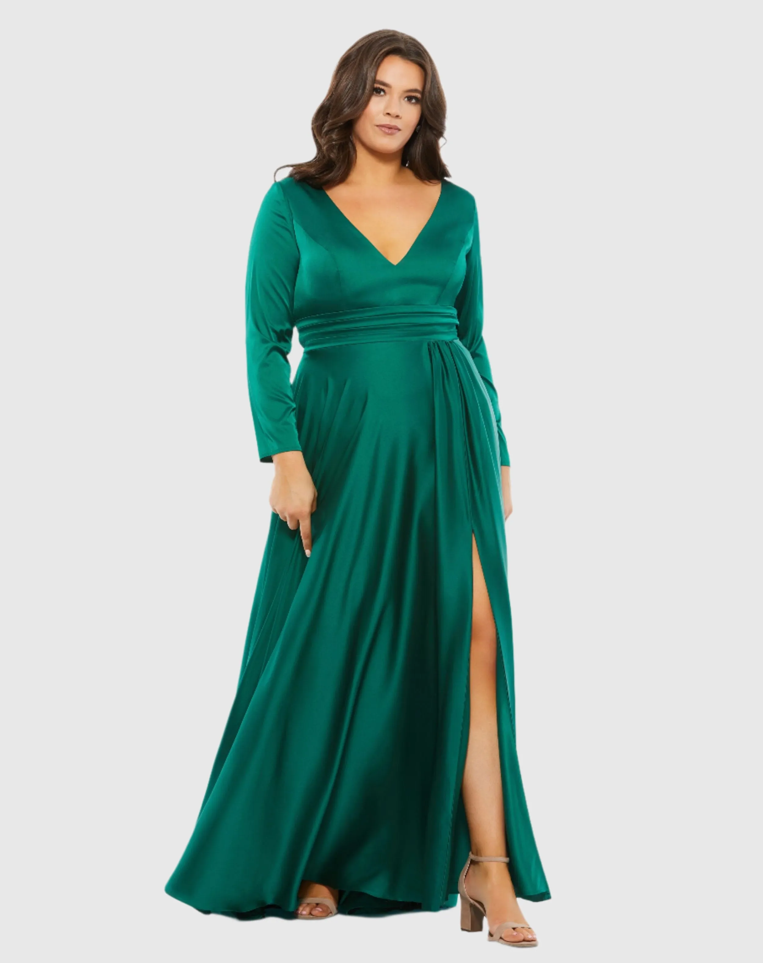 Classic Satin Long Sleeve Evening Gown (Plus) - FINAL SALE