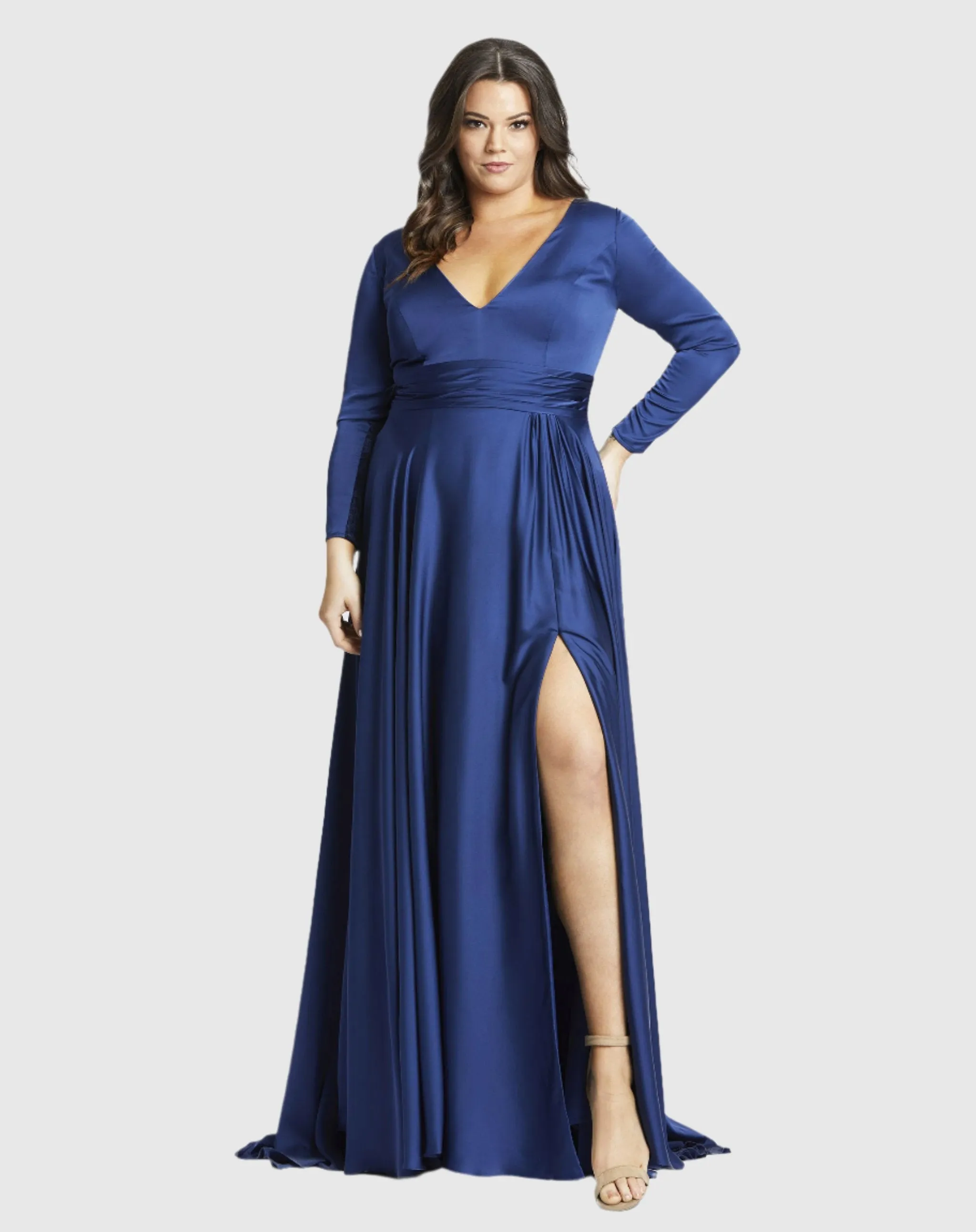 Classic Satin Long Sleeve Evening Gown (Plus) - FINAL SALE