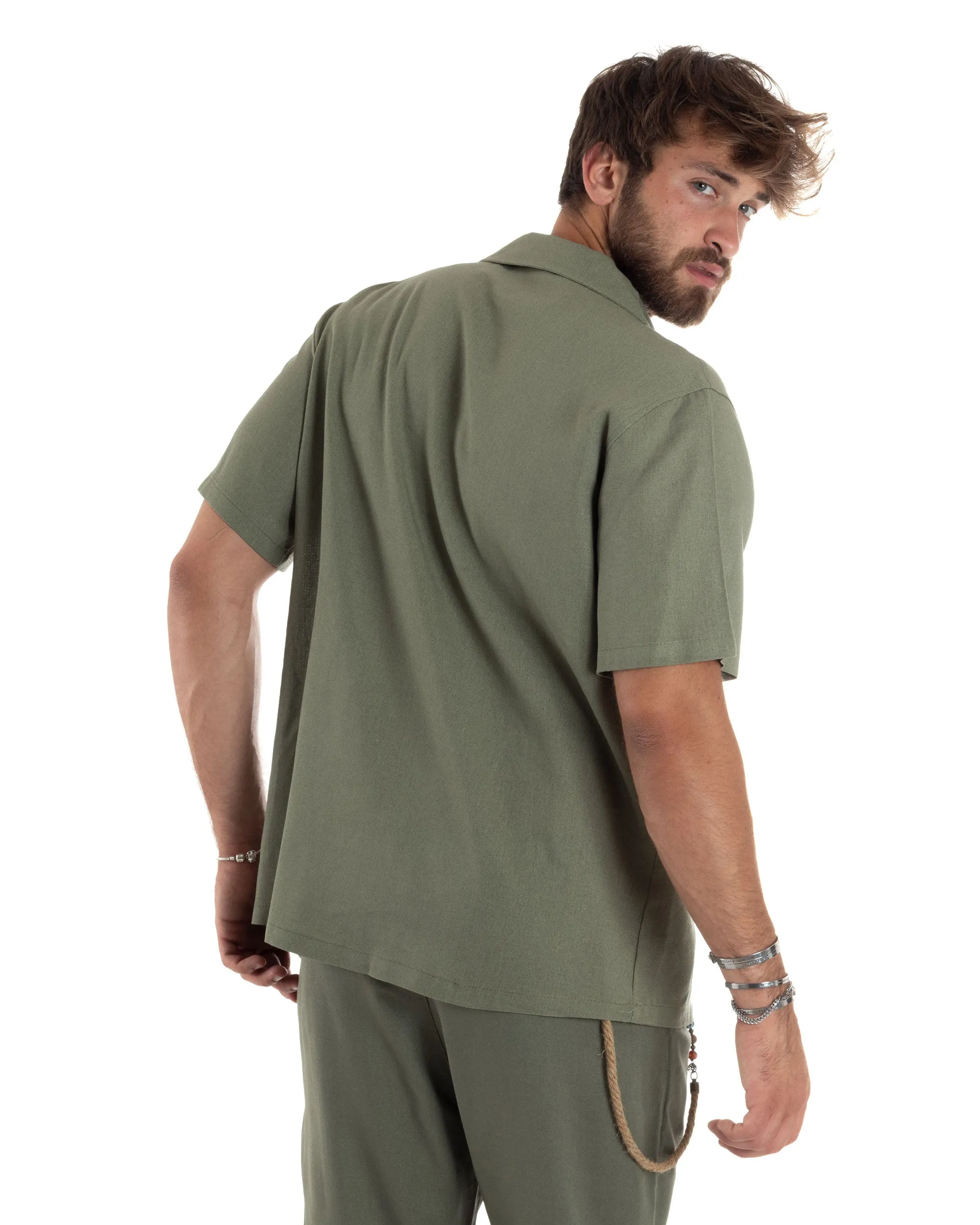 Completo Set Coordinato Uomo Lino Camicia Mezze Maniche Colletto Bowling Pantaloni Classici Con Pinces Outfit Casual Regular Fit Tinta Unita Verde GIOSAL-OU2462A