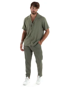 Completo Set Coordinato Uomo Lino Camicia Mezze Maniche Colletto Bowling Pantaloni Classici Con Pinces Outfit Casual Regular Fit Tinta Unita Verde GIOSAL-OU2462A