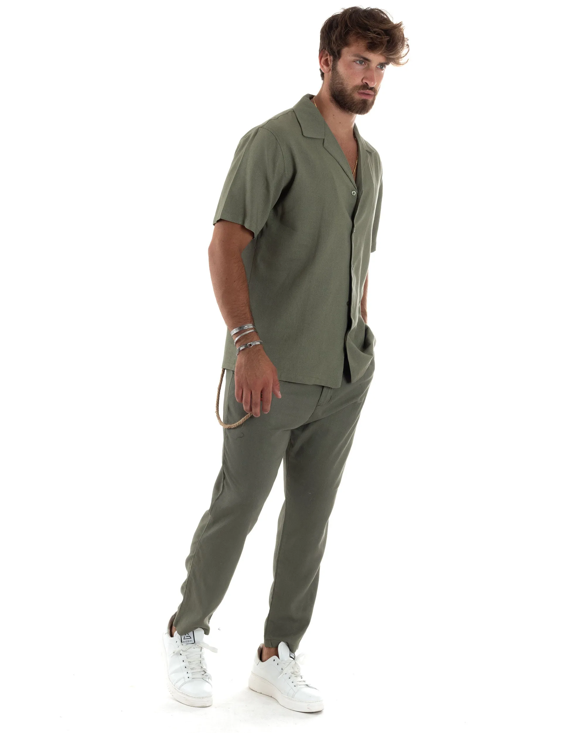 Completo Set Coordinato Uomo Lino Camicia Mezze Maniche Colletto Bowling Pantaloni Classici Con Pinces Outfit Casual Regular Fit Tinta Unita Verde GIOSAL-OU2462A