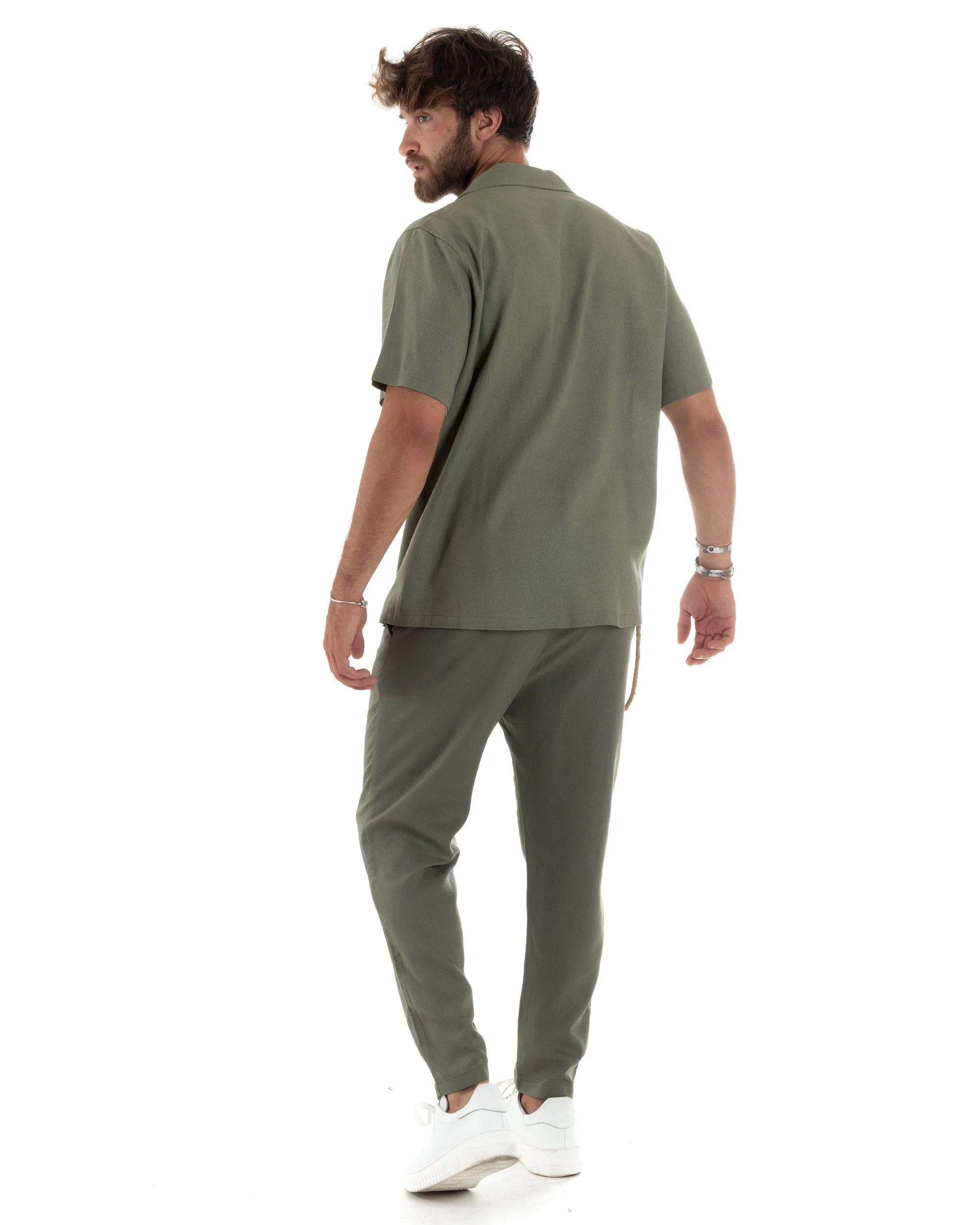 Completo Set Coordinato Uomo Lino Camicia Mezze Maniche Colletto Bowling Pantaloni Classici Con Pinces Outfit Casual Regular Fit Tinta Unita Verde GIOSAL-OU2462A