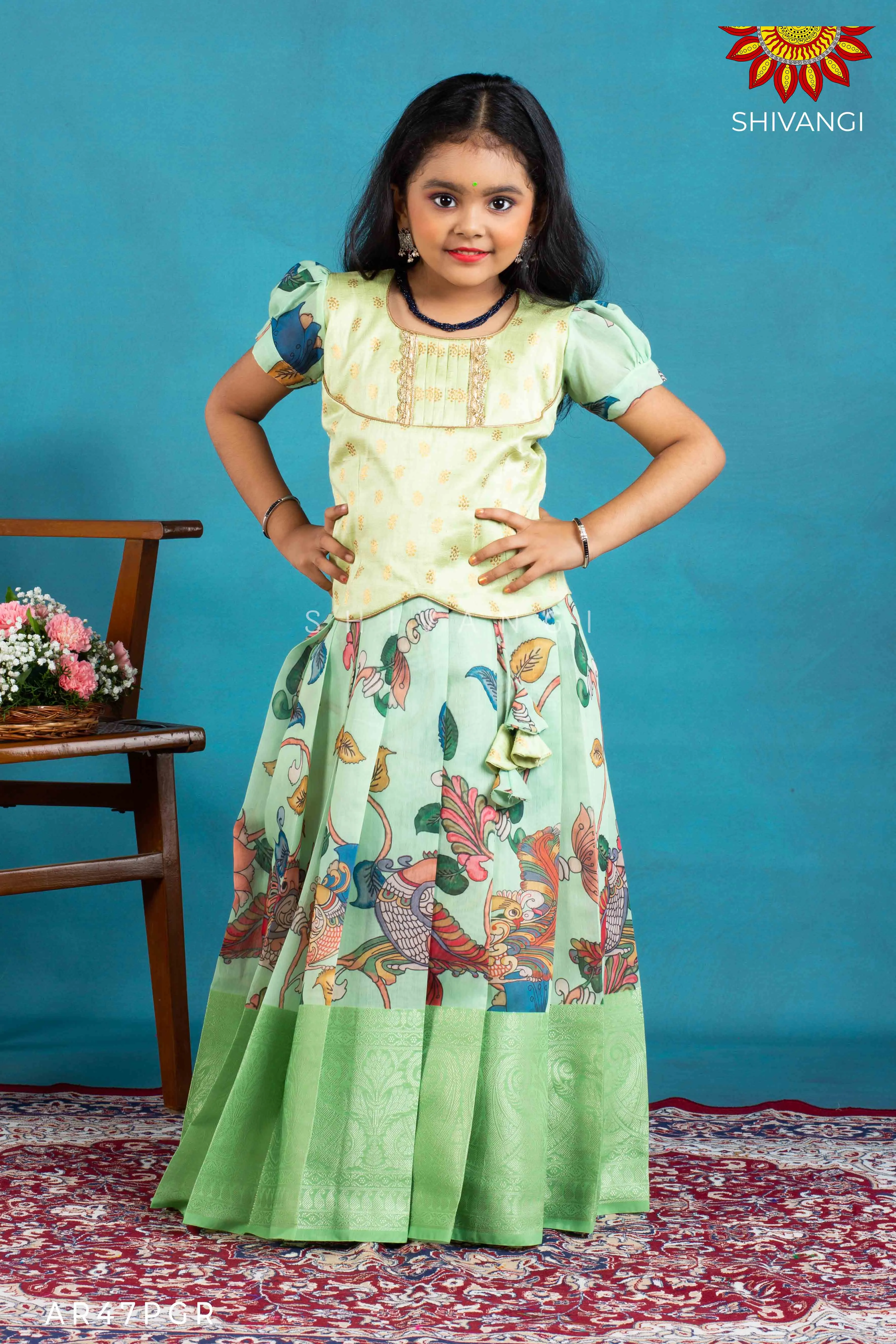 Girls Green Cocktail Peacock Pattu Pavadai | Langa