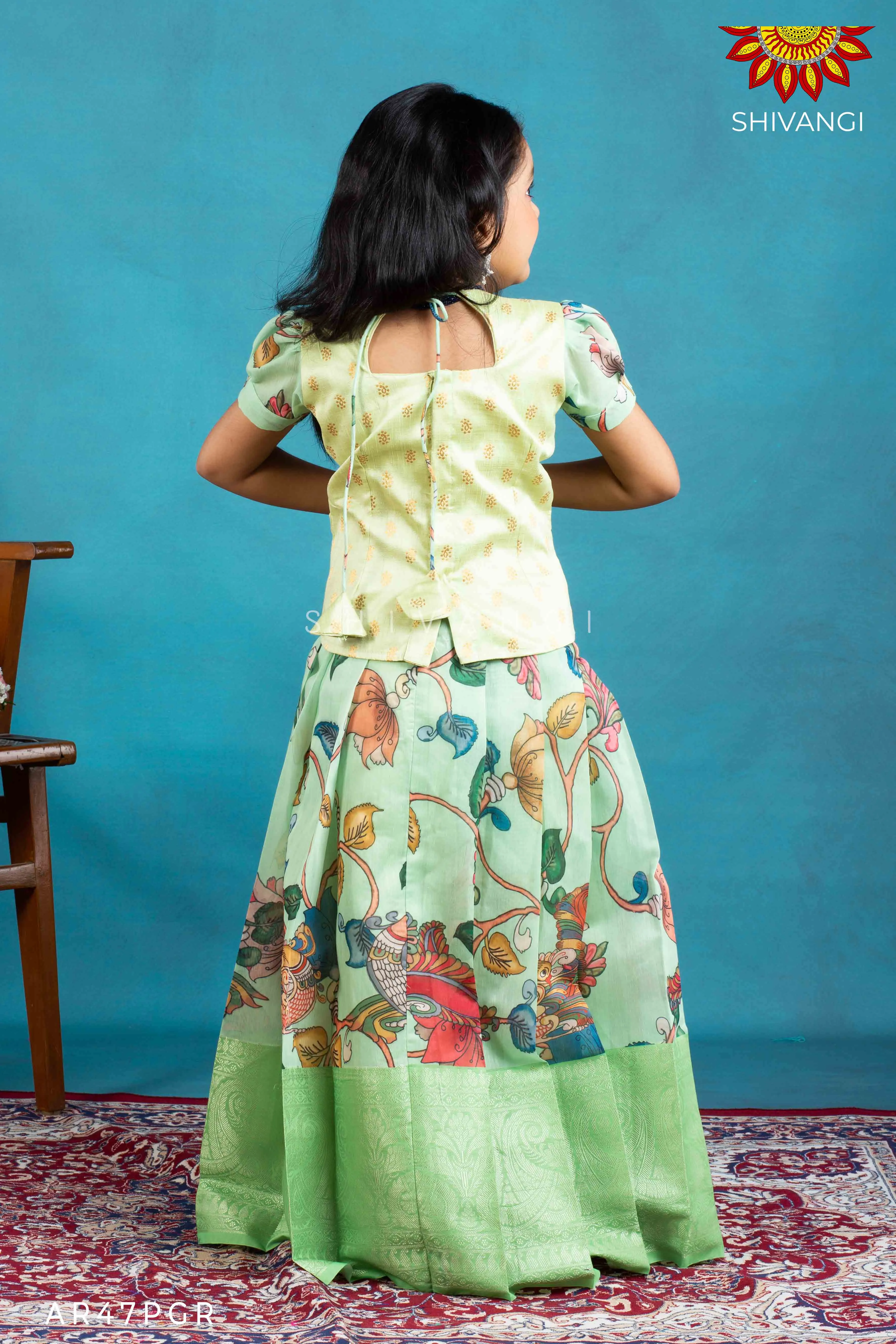 Girls Green Cocktail Peacock Pattu Pavadai | Langa