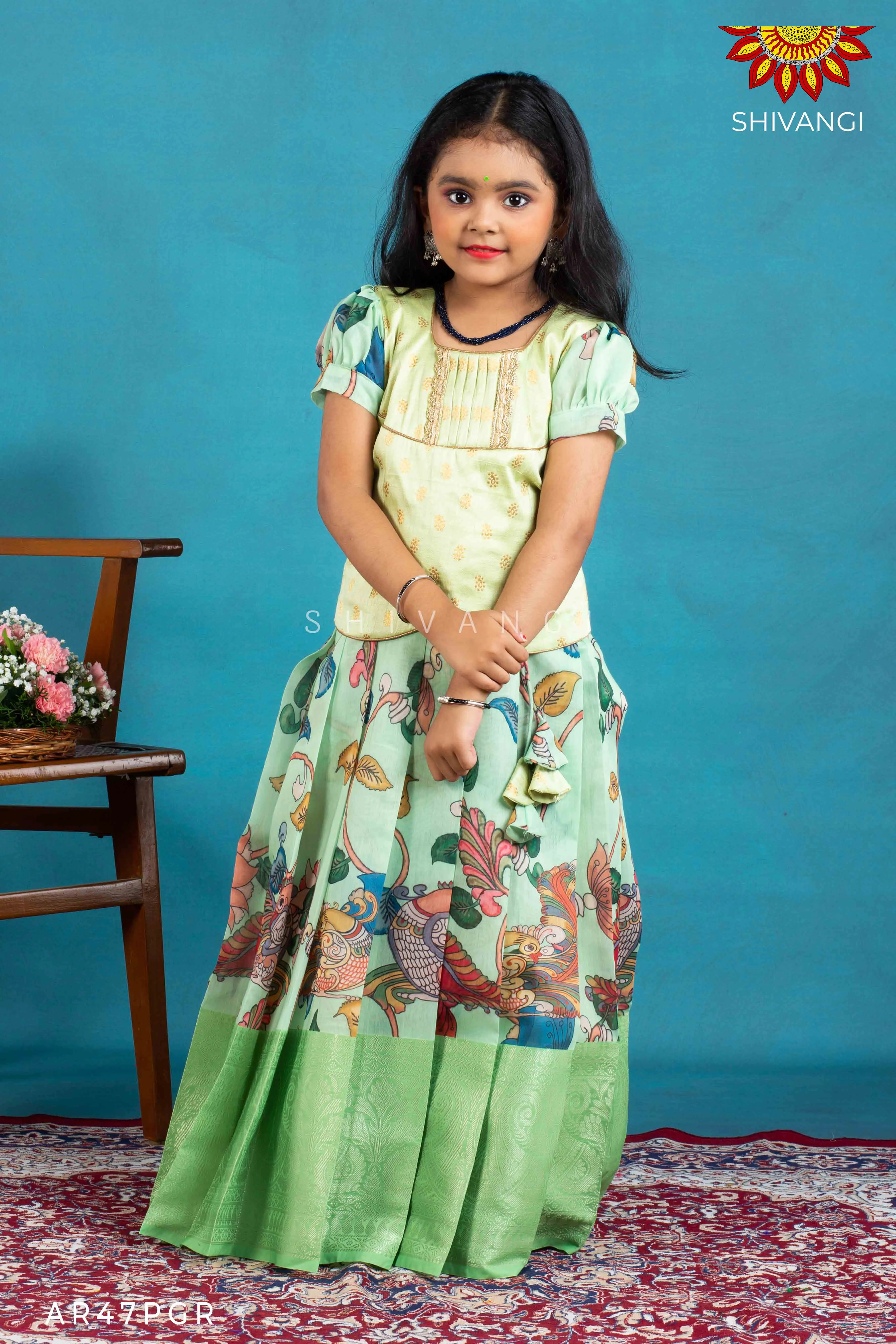 Girls Green Cocktail Peacock Pattu Pavadai | Langa