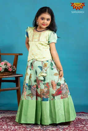 Girls Green Cocktail Peacock Pattu Pavadai | Langa