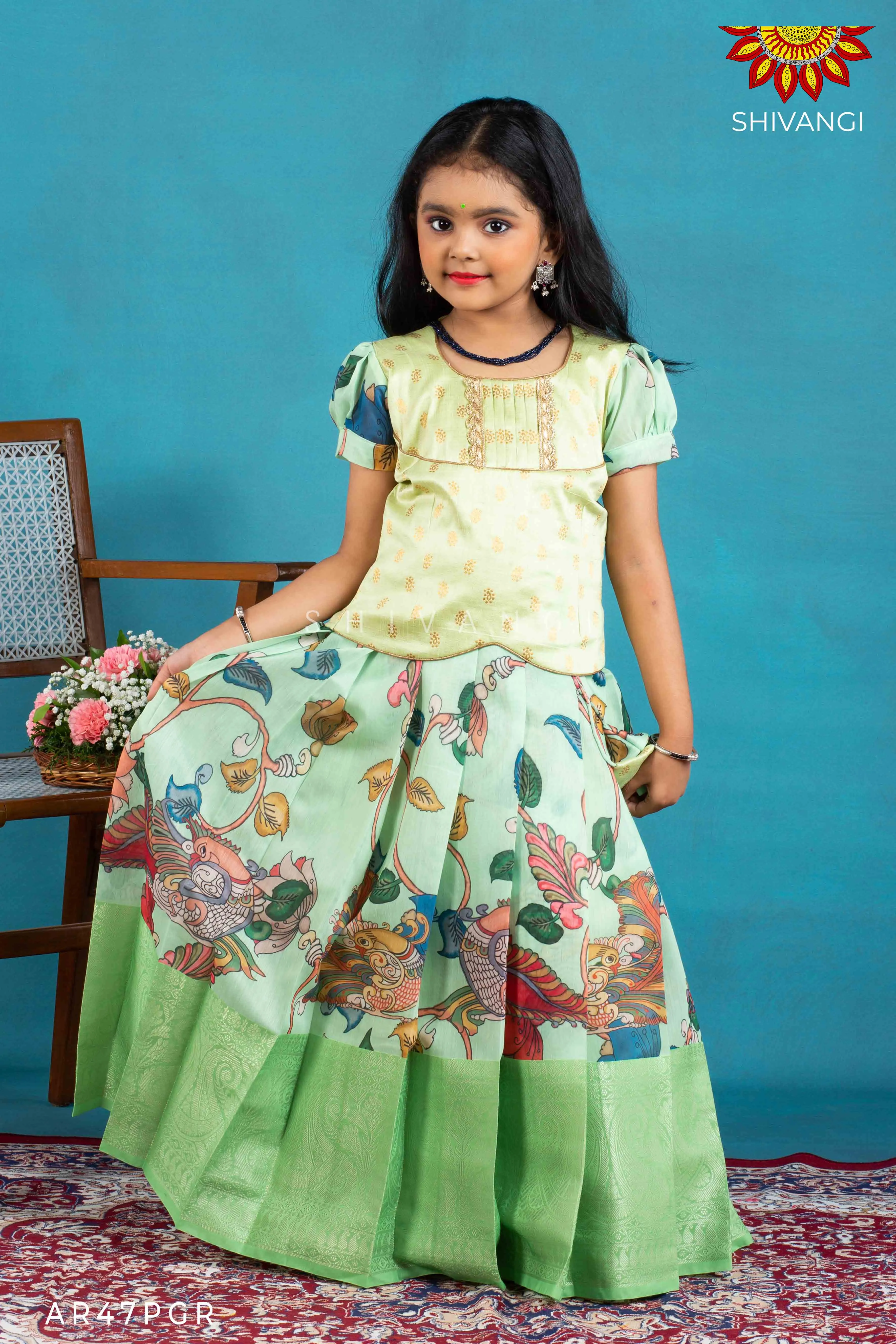 Girls Green Cocktail Peacock Pattu Pavadai | Langa