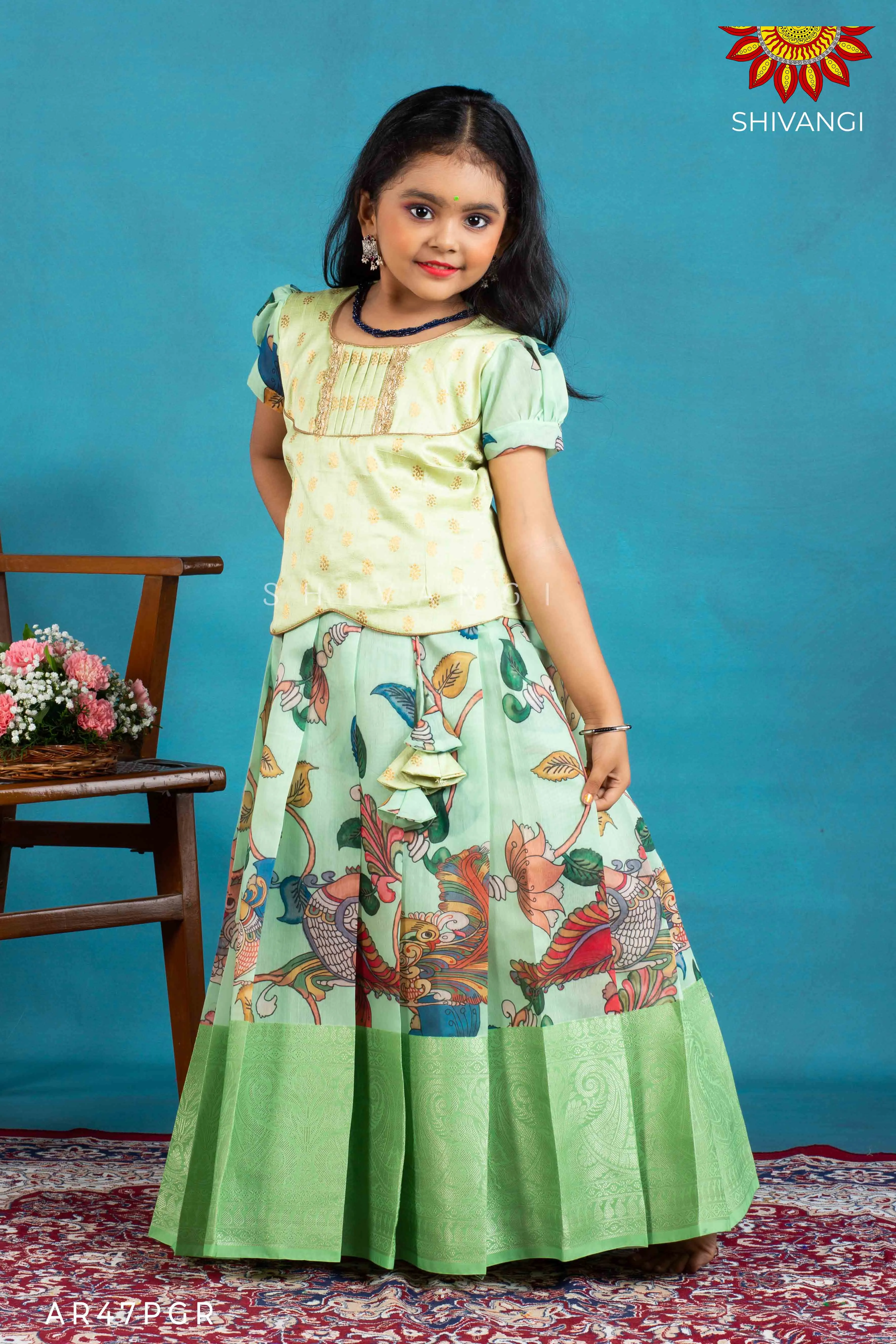 Girls Green Cocktail Peacock Pattu Pavadai | Langa