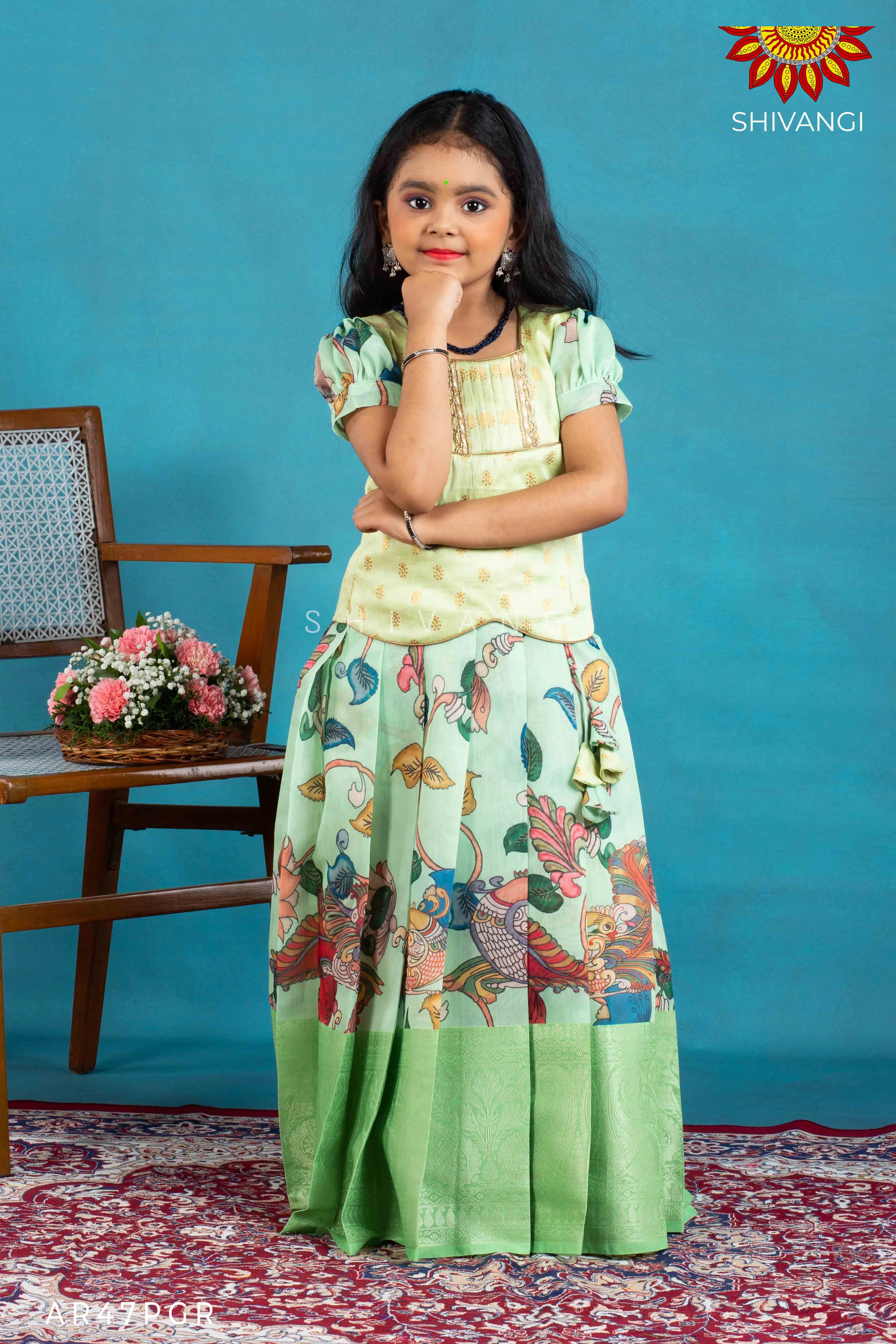 Girls Green Cocktail Peacock Pattu Pavadai | Langa