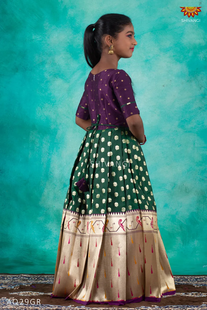 Girls Green Paithani hornbill Long Frock