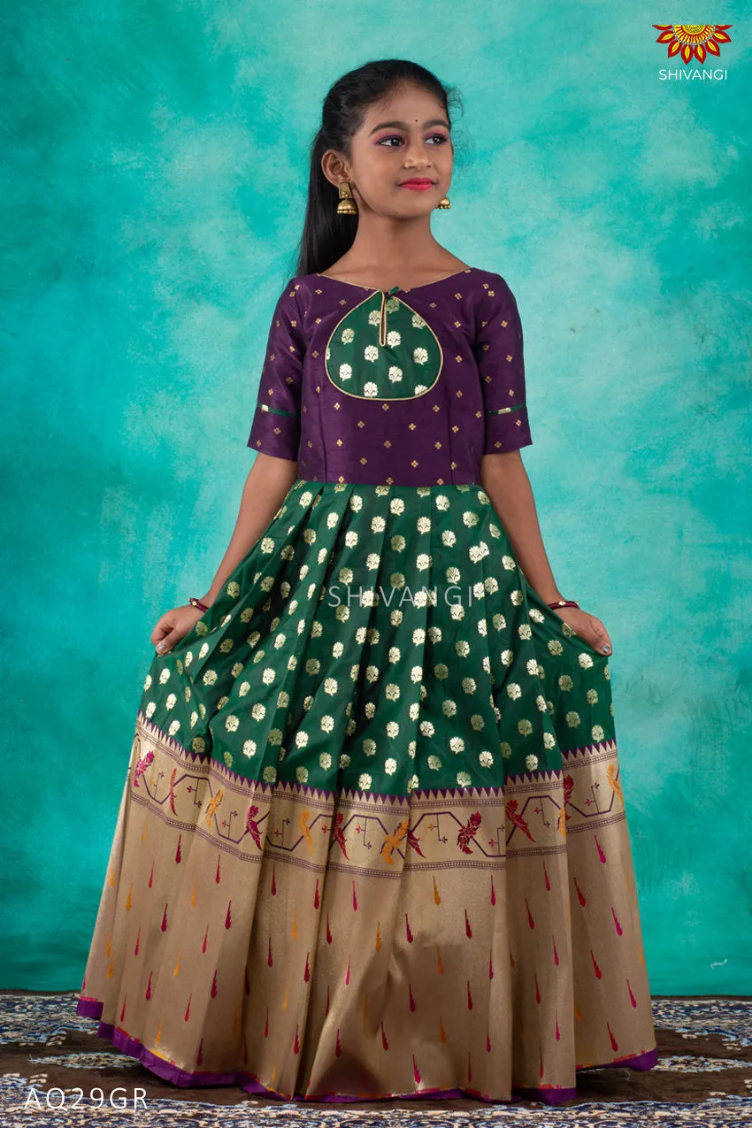 Girls Green Paithani hornbill Long Frock