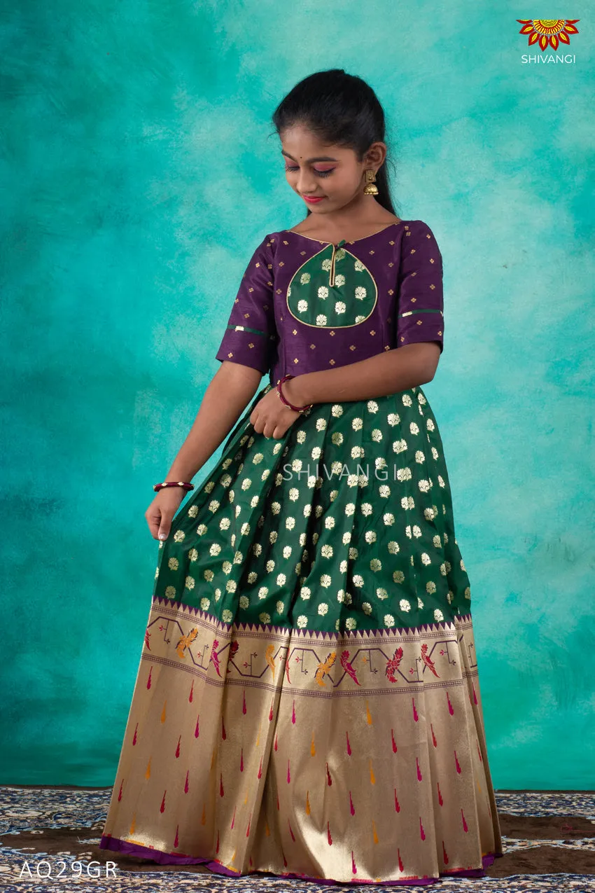 Girls Green Paithani hornbill Long Frock