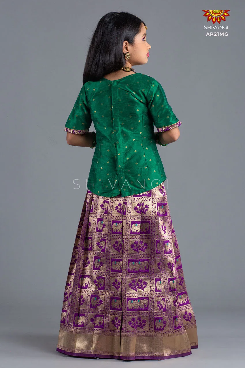 Girls Magenta Grey Elephant Pattu Pavadai | Lehenga