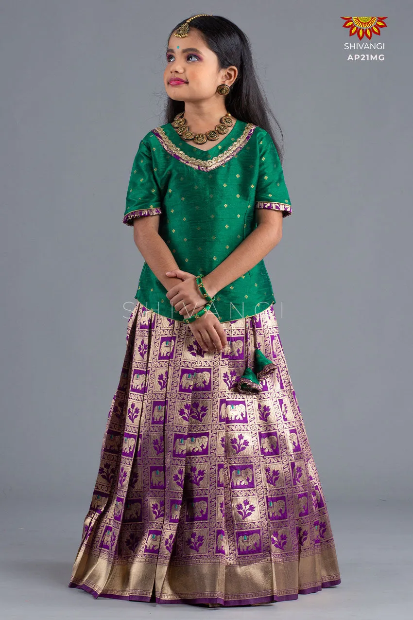 Girls Magenta Grey Elephant Pattu Pavadai | Lehenga