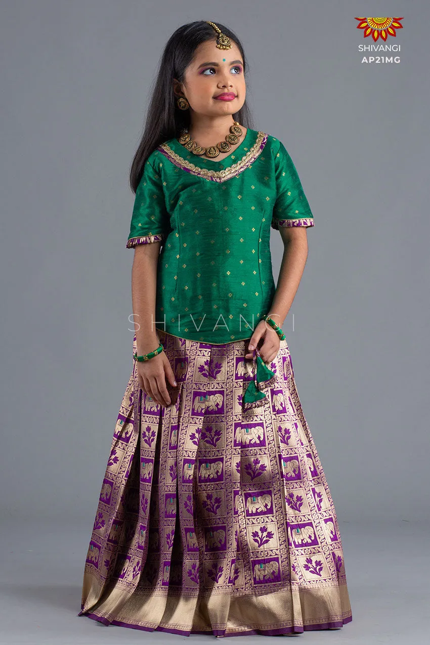 Girls Magenta Grey Elephant Pattu Pavadai | Lehenga