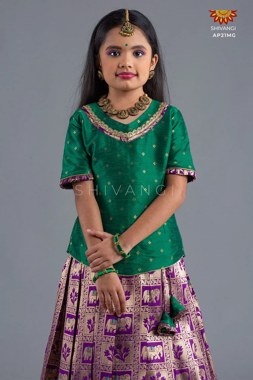 Girls Magenta Grey Elephant Pattu Pavadai | Lehenga