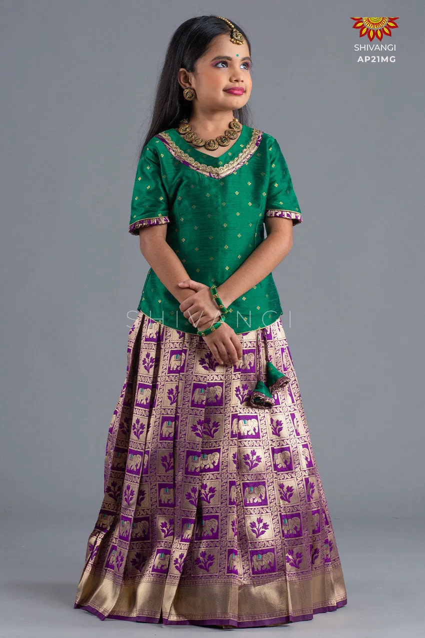 Girls Magenta Grey Elephant Pattu Pavadai | Lehenga