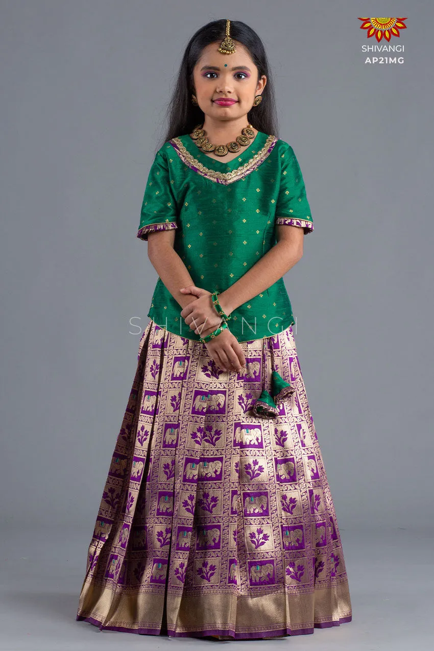 Girls Magenta Grey Elephant Pattu Pavadai | Lehenga