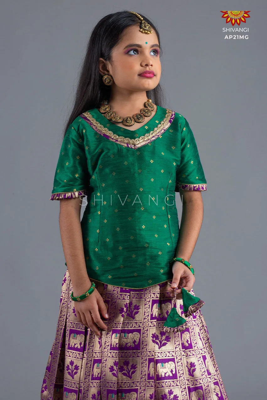 Girls Magenta Grey Elephant Pattu Pavadai | Lehenga