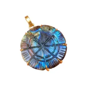 Handcrafted 18K Gold Plated Prong Set Labradorite Gemstone Carved Pendant