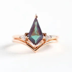 Kite Alexandrite Ring Set With Chevron Band. Three Stone Engagement Ring Set