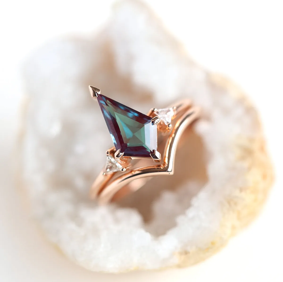 Kite Alexandrite Ring Set With Chevron Band. Three Stone Engagement Ring Set