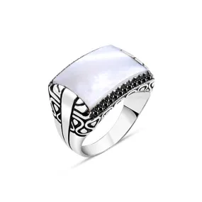 Lank Rectangular White Mother of Pearl Stone with Zircons Silver Men’s Ring Siding Split Wakanda Pattern